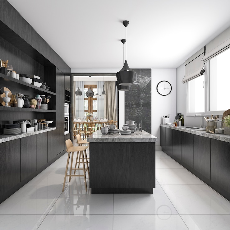 Foto cocina de estilo industrial de renderizado 3d con zona de comedor de madera negra