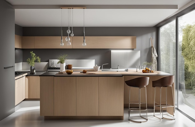 Cocina de estilo minimalista con formas limpias y luz natural.