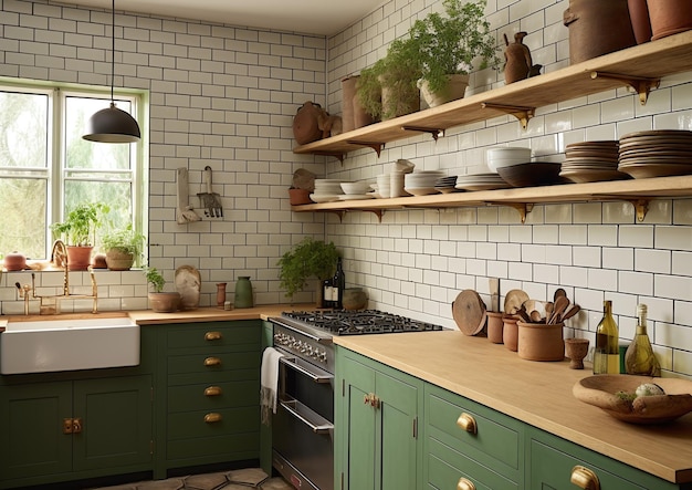 Cocina en un estilo moderno con una encimera ligera con fregadero, estufa, horno, utensilios de cocina