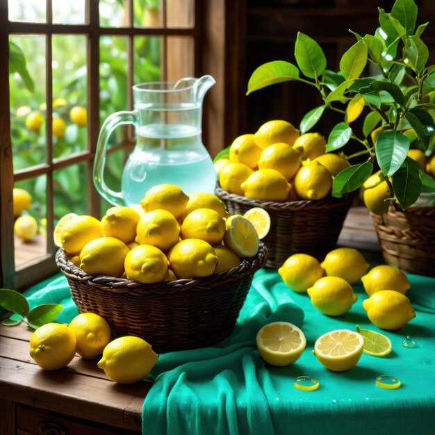 Cocina de estilo rústico con canasta de limones jarras de limonada en el campo de la mesa de madera