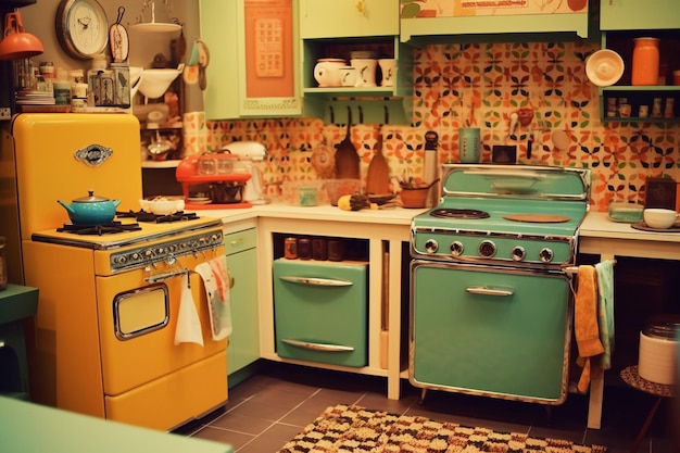 Una cocina con estufa amarilla y horno verde.