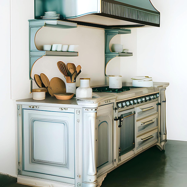 Foto una cocina con estufa y un estante con utensilios de cocina.