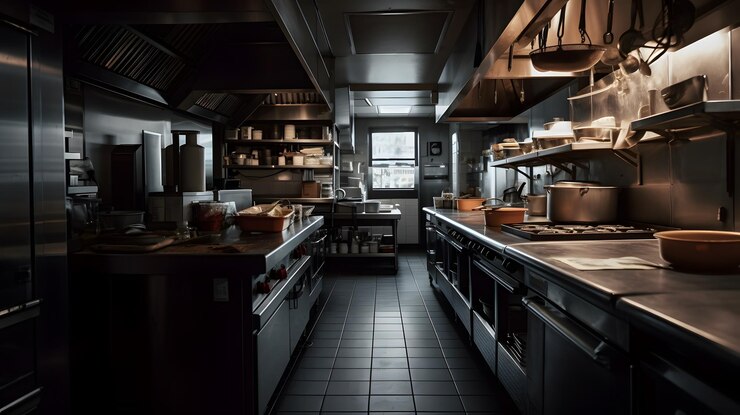 Una cocina con una estufa grande y una ventana grande