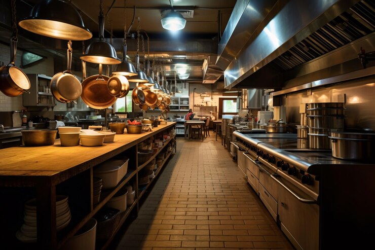 Una cocina con estufa y una luz colgando del techo.