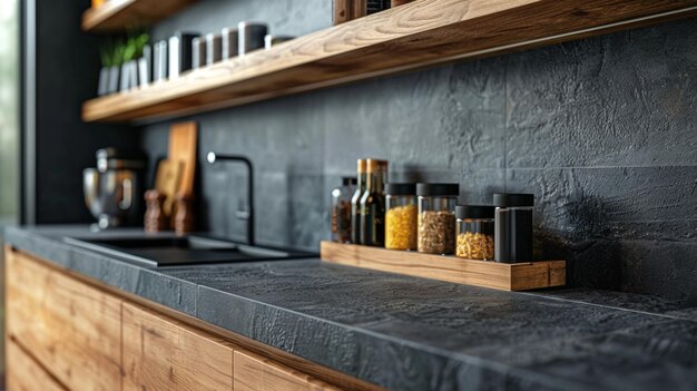 una cocina con una estufa y un montón de especias en ella
