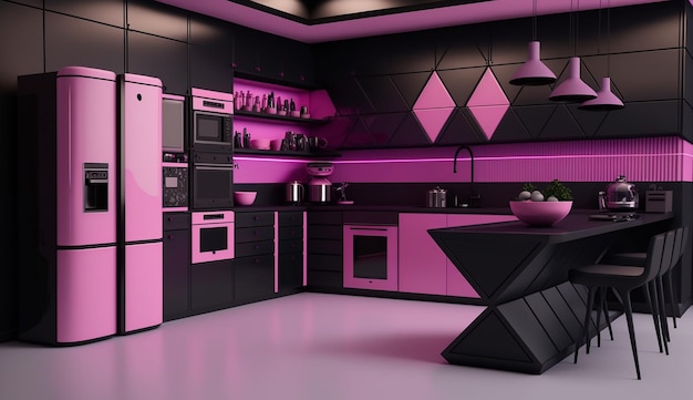 Una cocina con una estufa negra y una estufa negra con luces rosas.