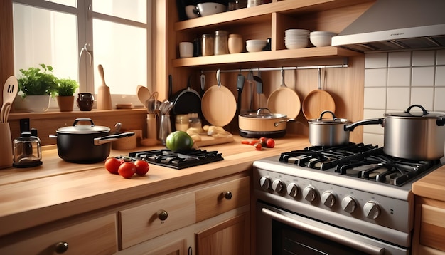 una cocina con una estufa una olla una olla y una sartén de tomates en el mostrador