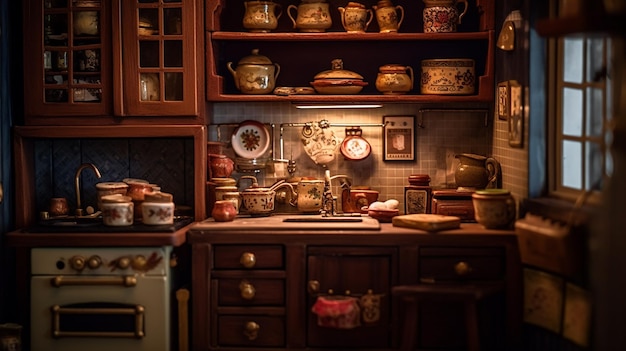 Una cocina con estufa, un reloj y un reloj en la pared.