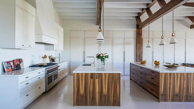 Cocina étnica moderna blanca con diseño de madera