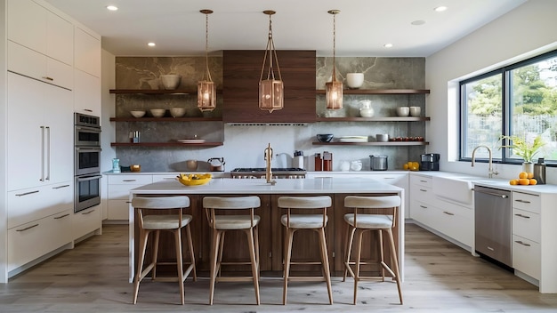 Cocina étnica moderna blanca con diseño de madera