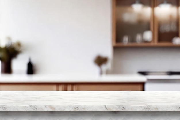 Cocina con fondo de producto de mesa de mármol.