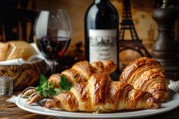 Cocina francesa con un plato de croissants baguettes escargot y una botella de vino tinto