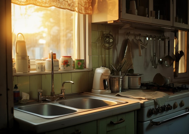 Una cocina con fregadero con dispensador de agua caliente.