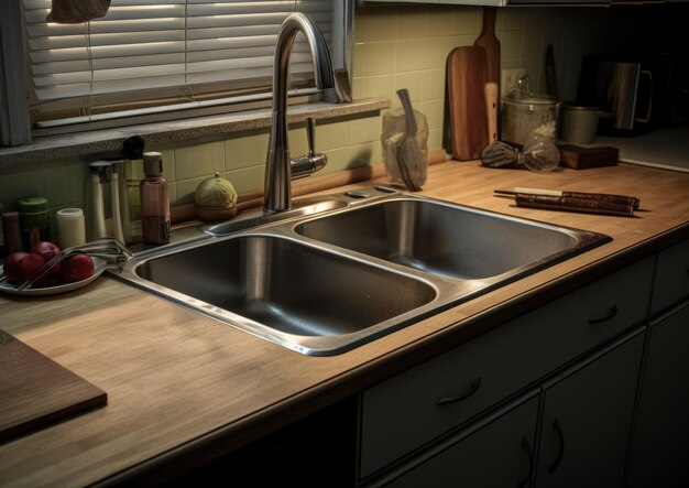 Una cocina con fregadero con tabla de cortar incorporada.