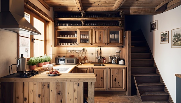 Una cocina con un gabinete de madera y un mostrador con una estufa.