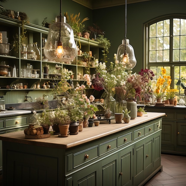 una cocina con un gabinete verde con flores en él