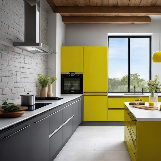 Una cocina con gabinetes amarillos y una encimera blanca con una isla de cocina negra y amarilla.