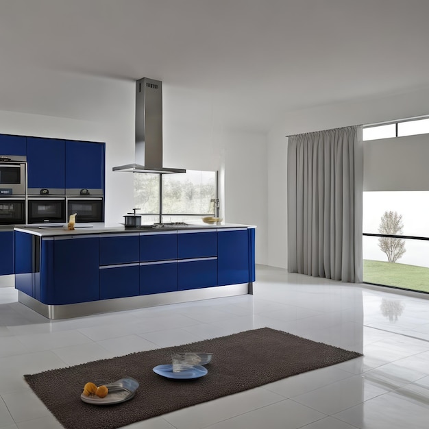 Una cocina con gabinetes azules y una alfombra blanca.