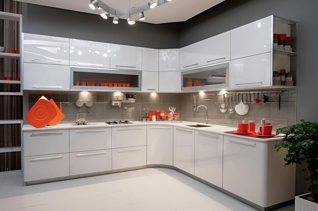 Una cocina con gabinetes blancos y un balde rojo en el mostrador.