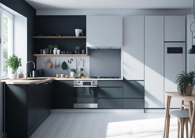 Una cocina con gabinetes blancos y negros y una encimera negra.