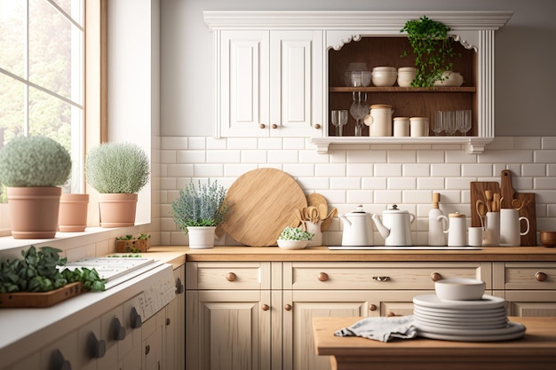 Cocina con gabinetes blancos y sobres de madera IA Generativa