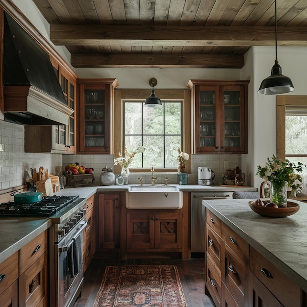 cocina con gabinetes de madera y encimeras de piedra