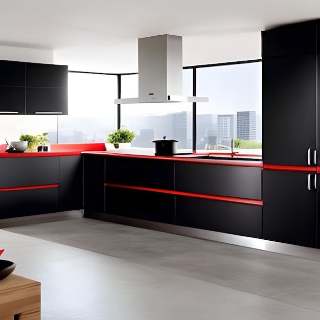 Una cocina con gabinetes negros y encimeras rojas.