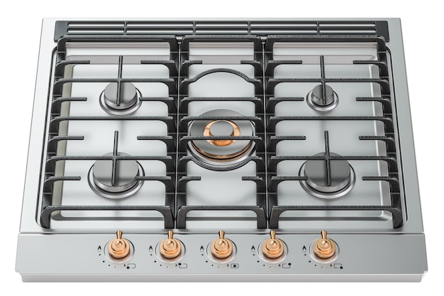 Cocina de gas con horno vista de cerca de la parte superior renderización 3D