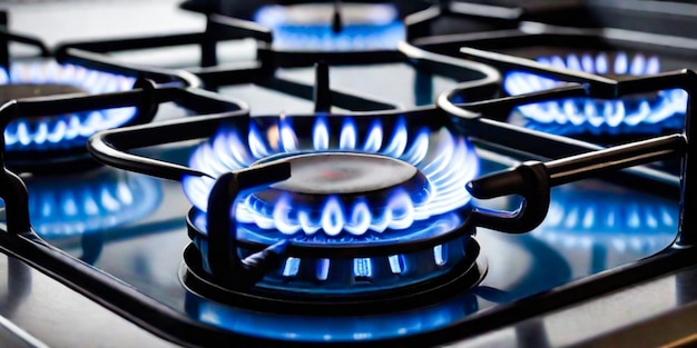Foto cocina de gas con llamas de combustible de gas propano concepto de recursos industriales y economía