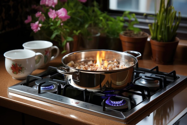 cocina de gas en la mesa de la cocina fotografía publicitaria profesional