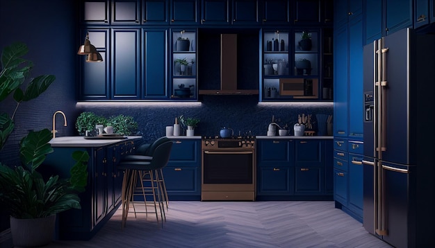 Cocina generativa AI contemporánea azul oscuro