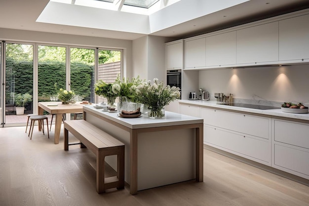 cocina con una gran claraboya y una mesa de madera