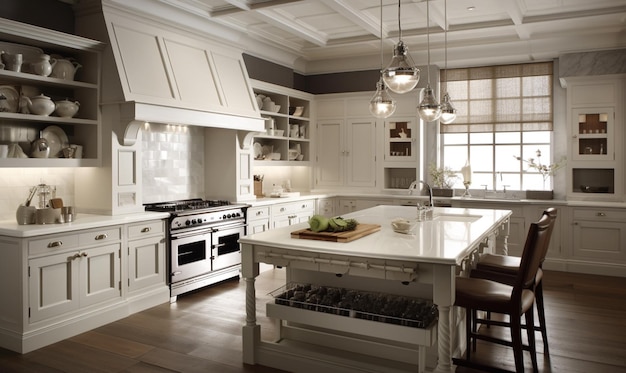 Foto una cocina con una gran isla con estufa y una mesa con un letrero que dice 