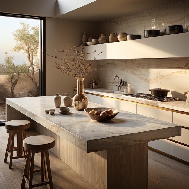 una cocina con una gran ventana que tiene una vista de las montañas afuera