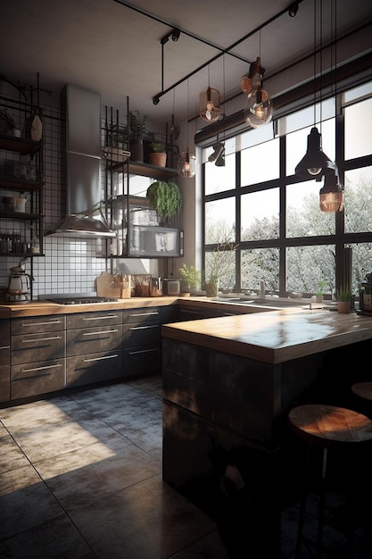 Una cocina con un gran ventanal que tiene muchas plantas colgantes.