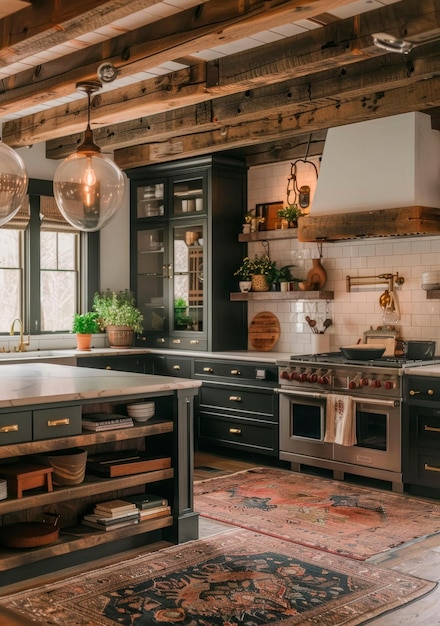 Cocina de granja rústica con accesorios antiguos y luz matutina de madera recuperada