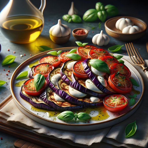 La cocina griega consiste en berenjena horneada a la parrilla y salteada junto con queso mozzarella