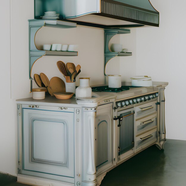 Foto una cocina con un horno azul y blanco y un estante con utensilios.