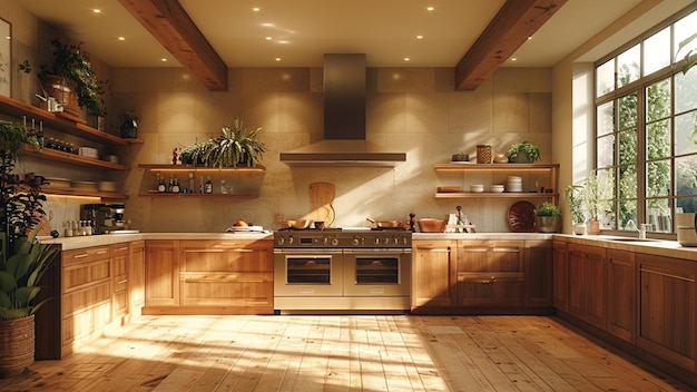Foto una cocina con un horno de estufa y armarios con un techo de madera