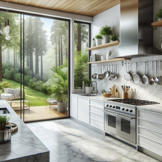 Foto una cocina con un horno de estufa y plantas en maceta en el mostrador