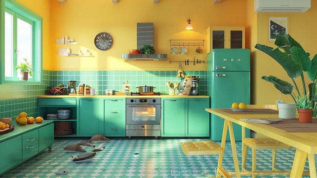 una cocina con un horno de estufa y un reloj en la pared