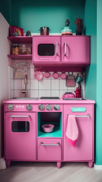 Una cocina con una imagen generativa de ai de horno rosa