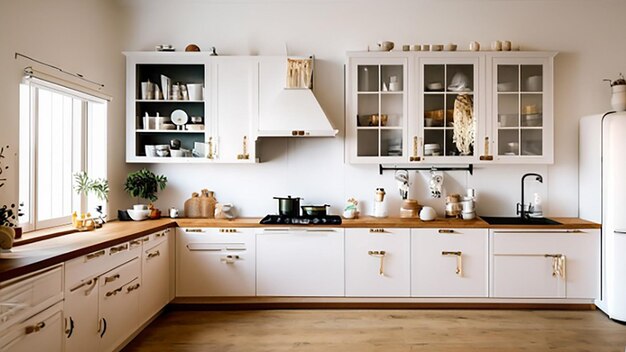 Cocina de inspiración escandinava con armarios de madera ligera y estanterías abiertas