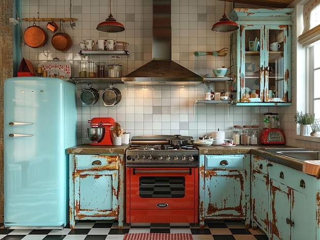 Cocina de inspiración vintage con pisos a cuadros y electrodomésticos retro