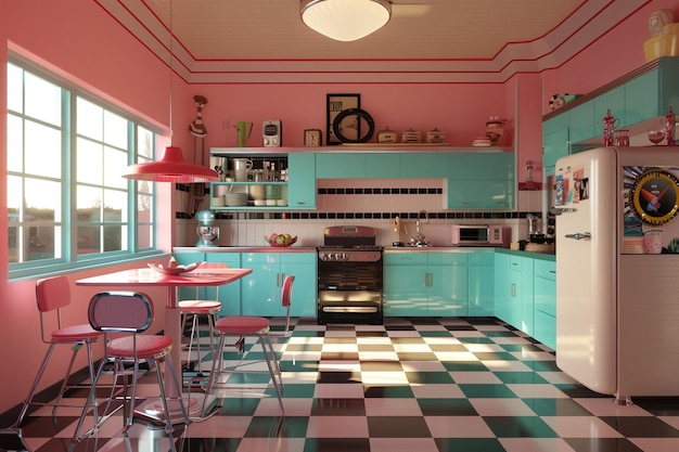 Foto cocina inspirada en un restaurante retro con suelo a cuadros