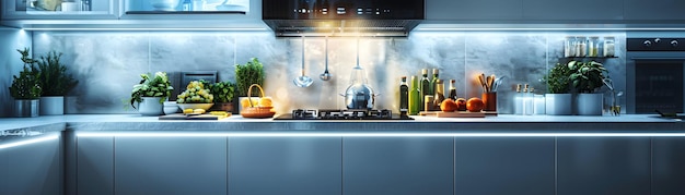 Cocina inteligente moderna con cocina interactiva Innovación culinaria futurista Tecnología de mezcla para
