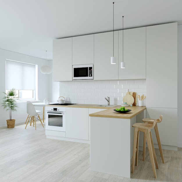 Cocina interier d renderizado de una cocina luminosa cocina con una pared vacía accesorios para el catálogo