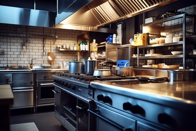 Cocina interior limpia de un restaurante moderno o mini cafetería con  utensilios de cocina y una pequeña barra de bar