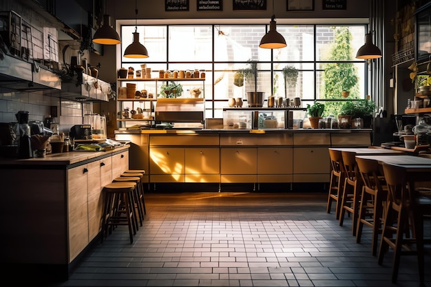Cocina interior limpia de un restaurante moderno o mini cafetería con  utensilios de cocina y una pequeña barra de bar