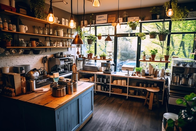 Cocina interior limpia de un restaurante moderno o mini cafetería con  utensilios de cocina y una pequeña barra de bar